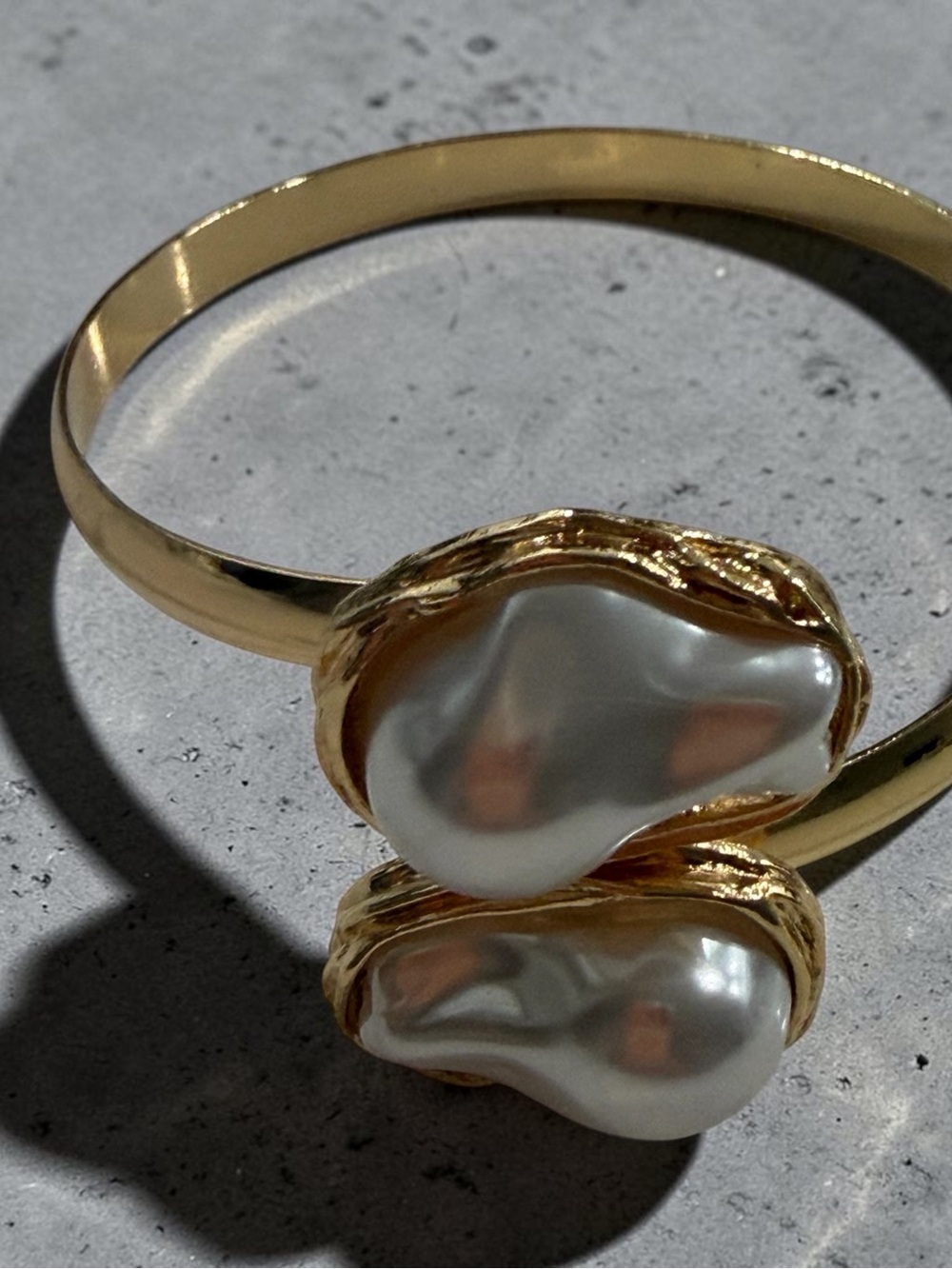 Gold Tone Cuff Bracelet with White Baroque Pearl Accents
